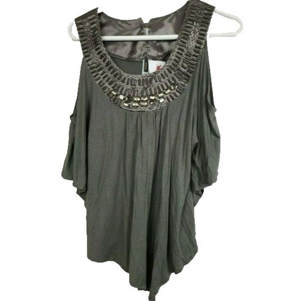 WILSTER Womens BOHO Grunge Top‎ Size Medium Olive Green Cold Shoulder Beaded NWT